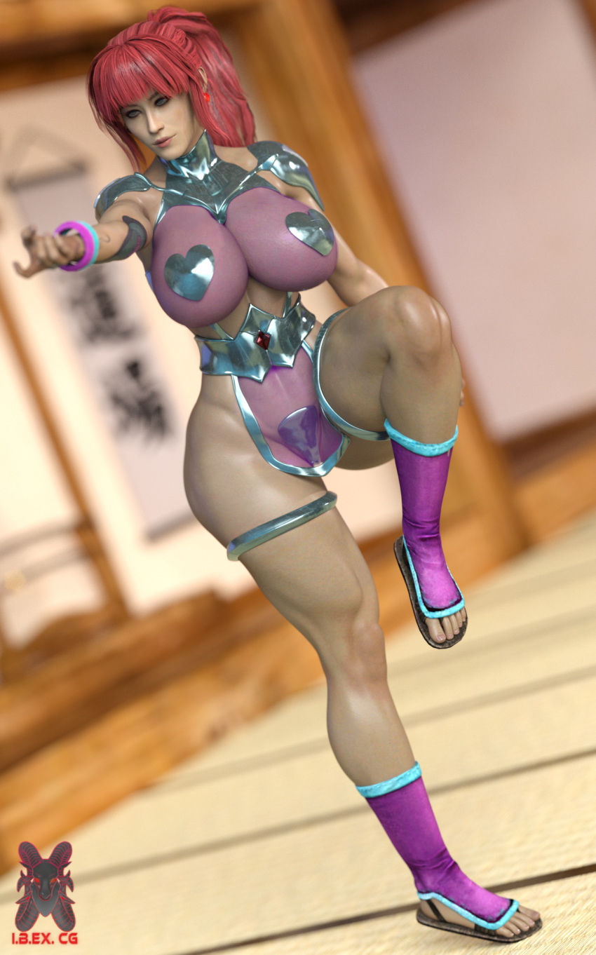 1girl 3d big_breasts blurry_background dojo female_only ibex-cg killer_instinct killer_instinct_2 kim_wu nintendo pixiv ponytail rare rareware red_hair solo_female solo_focus thick_thighs thighs