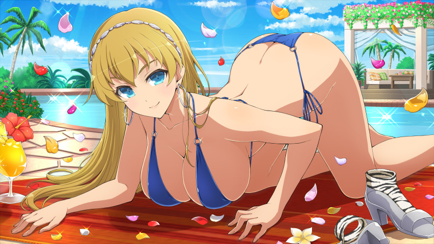 1girl absurd_res alluring ass big_breasts bikini blonde_hair blue_bikini blue_eyes blue_sky bush butt_crack cleavage cloud cobblestone coconut couch day earrings elina elina_(queen's_blade) falling_petals fern flower food fruit headband high_heels high_res jewelry long_hair median_furrow o-ring o-ring_bikini official_art orange_flower outside palm_tree petals pillow pineapple pineapple_slice pink_flower poolside queen's_blade red_flower rug senran_kagura senran_kagura_new_link side-tie_bikini_bottom sky smile swimming_pool swimsuit tree tropical_drink water white_flower yaegashi_nan