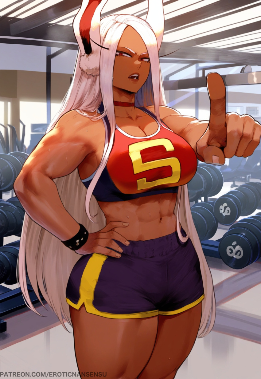 1girl ai_generated big_breasts bunny_ears dark-skinned_female dark_skin eroticnansensu gym gym_clothes miruko my_hero_academia rabbit_ears rabbit_girl rumi_usagiyama