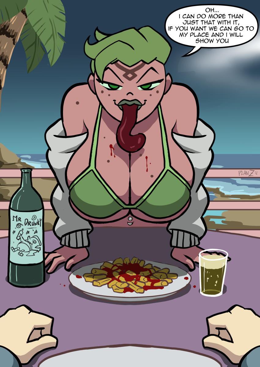 1girl alcohol alien alien_girl attea bare_shoulders beach belly_button_piercing ben_10 ben_10_omniverse big_breasts big_breasts big_lips bra breasts cartoon_network comic_page dialogue english english_text food freckles french_fries full_lips green_eyes green_hair huge_breasts human_disguise incursean jacket ketchup light-skinned_female light_skin long_tongue looking_at_viewer male partial_male planz34 raised_eyebrow short_hair speech_bubble standing top_heavy