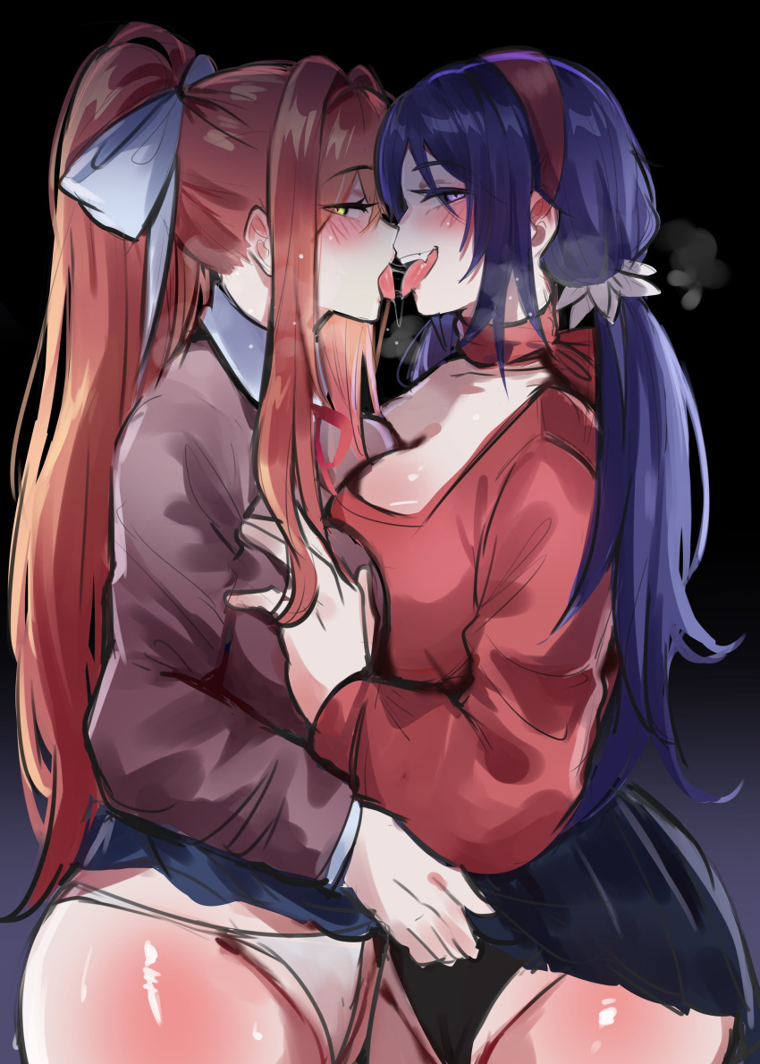 2_girls ass big_ass big_breasts big_thighs black_panties blue_eyes blue_hair blush breasts cleavage clothed clothing doki_doki_literature_club ear female_focus female_only grabbing_breasts green_eyes huge_ass huge_thighs kissing kurenaiz1 lesbian_sex light-skinned_female long_hair looking_at_viewer miside mita_(miside) monika_(doki_doki_literature_club) naughty naughty_face naughty_smile open_mouth panties ponytail pussy school_uniform schoolgirl skirt_lift thick_hips thick_thighs tongue tongue_out white_panties yuri