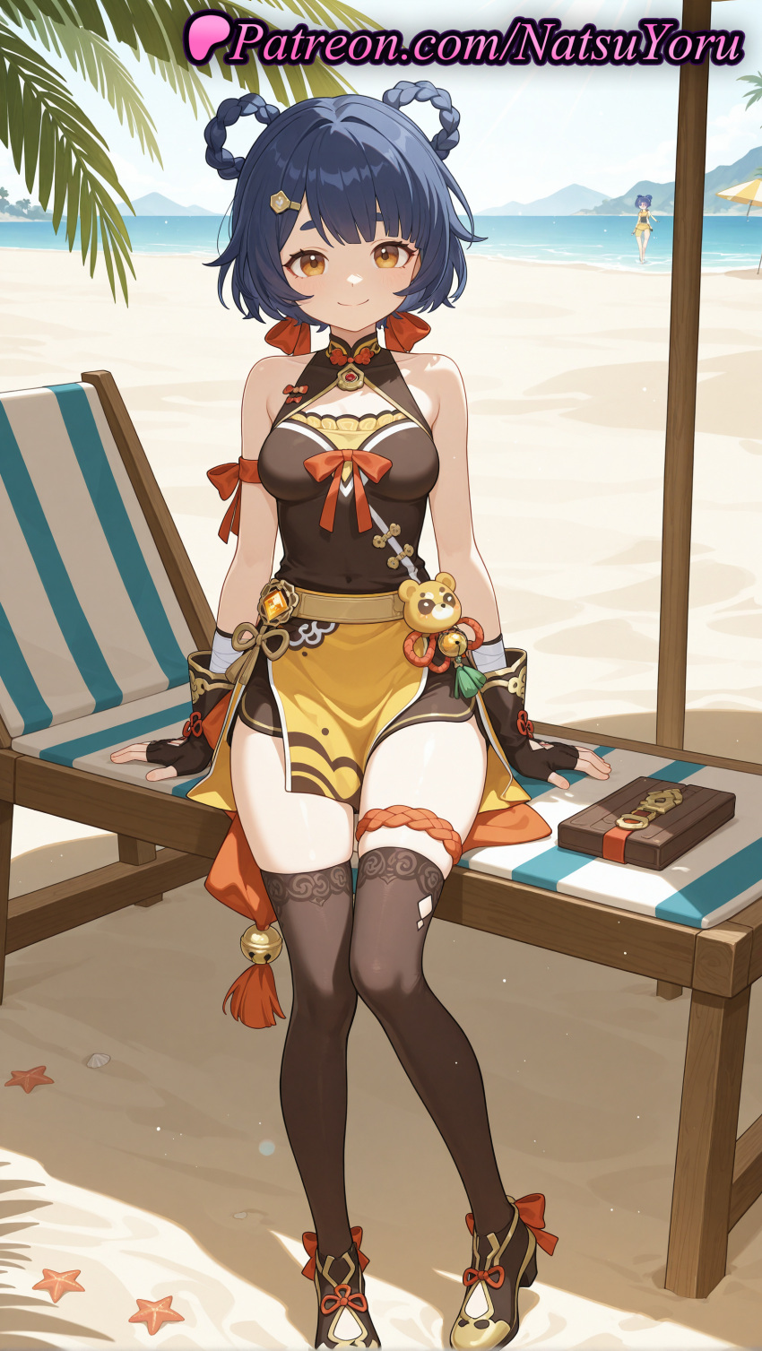 2025 2_girls ai_generated anime anime_style asian bangs bare_shoulders beach beach_chair beach_umbrella bell bench big_breasts black_gloves black_legwear black_shorts black_thighhighs blue_hair blue_sky bow braid braided_hair_rings breasts brown_dress bust chair china_dress chinese_clothes closed_mouth covered_navel dark_blue_hair day dress female_focus fingerless_gloves food full_body genshin_impact gloves hair_ornament hair_rings hairclip hentai high_heels high_quality high_res high_resolution horizon jingle_bell looking_at_viewer medium_breasts multiple_girls natsuyoru ocean outside palm_tree patreon pelvic_curtain ribbon sand short_eyebrows short_hair short_shorts shorts sitting sky sleeveless sleeveless_dress small_breasts smile solo_focus stable_diffusion standing starfish stockings table thigh_strap thighs tree twin_braids umbrella vision_(genshin_impact) voluptuous voluptuous_female water xiangling_(genshin_impact) yellow_dress yellow_eyes