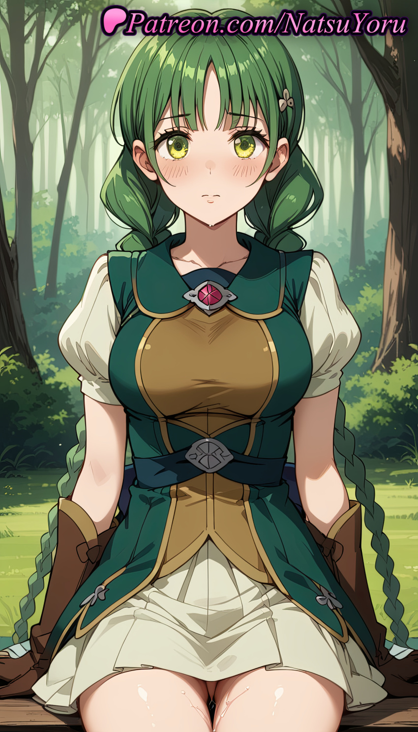 2025 3: ai_generated anime anime_style ass_visible_through_thighs bangs belt big_breasts blunt_bangs blush braid breasts brown_gloves bush bust closed_mouth collarbone cowboy_shot day dress female_focus forest gloves grass green_dress green_eyes green_hair green_shirt hair_ornament hentai high_quality high_res high_resolution long_hair looking_at_viewer low_twin_braids medium_breasts miniskirt natsuyoru nature non-asian outside patreon pleated_skirt puffy_short_sleeves puffy_sleeves pussy_juice rishia_ivyred shirt short_sleeves sitting sitting_on_bench skirt stable_diffusion sweat tate_no_yuusha_no_nariagari the_rising_of_the_shield_hero thighs tree twin_braids twin_tails very_long_hair voluptuous voluptuous_female white_skirt yellow_eyes