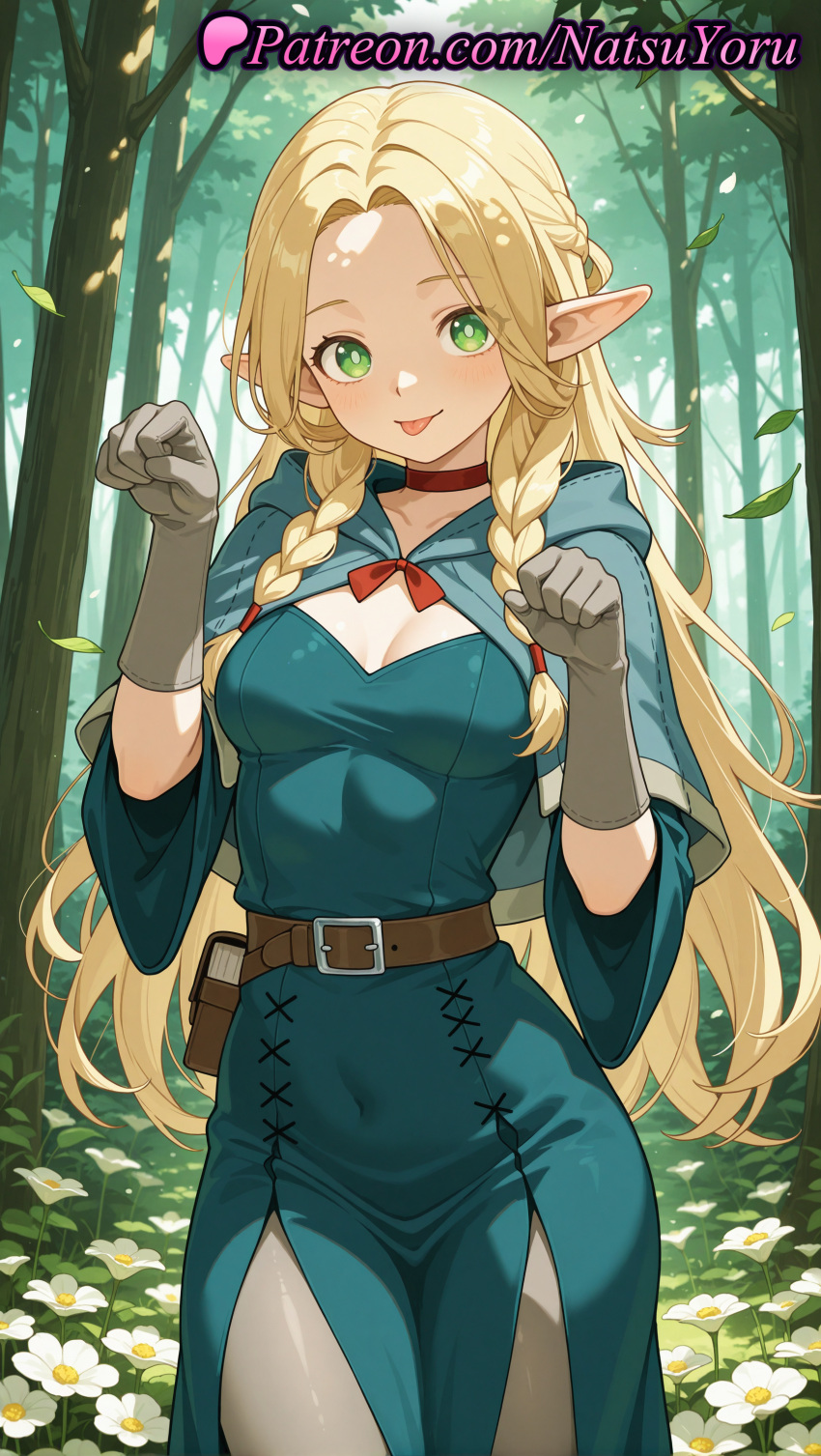 2025 ai_generated anime anime_style bangs belt belt_pouch big_breasts blonde_hair blue_capelet blue_dress blush braid breasts brown_belt bust capelet choker cleavage covered_navel cowboy_shot day delicious_in_dungeon dress dungeon_meshi elf elf_ears female_focus female_solo flower forehead forest gloves green_capelet green_eyes grey_pantyhose hands_up hentai high_quality high_res high_resolution hood hood_down hooded_capelet leaf long_hair long_sleeves looking_at_viewer marcille_donato medium_breasts multiple_braids natsuyoru nature outside pantyhose parted_bangs patreon paw_pose pointed_ears pointy_ears pouch red_choker smile stable_diffusion tongue tongue_out tree twin_braids voluptuous voluptuous_female white_flower