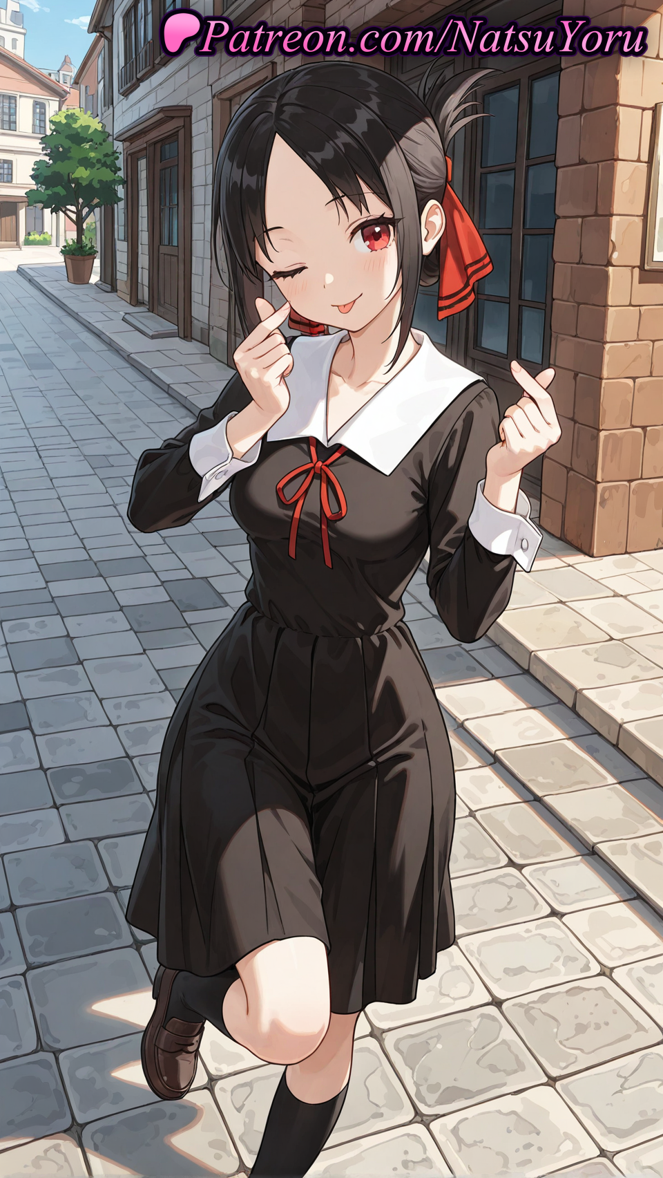 2025 ai_generated anime anime_style bangs big_breasts black_dress black_hair black_socks blush breasts brown_footwear building bust clothing collarbone collared_dress day dress female_focus finger_heart folded_ponytail foot_out_of_frame hair_ribbon hair_ribbons hands_up hentai high_quality high_res high_resolution kaguya-sama_wa_kokurasetai_~tensai-tachi_no_renai_zunousen~ kneehighs kneesocks leg_lift loafers long_sleeves looking_at_viewer medium_breasts natsuyoru neck_ribbon one_eye_closed outside parted_bangs patreon plant pleated_dress potted_plant red_eyes red_ribbon ribbon road sailor_uniform school_uniform shinomiya_kaguya shoes short_hair shuuchiin_academy_school_uniform sidelocks sky smile socks stable_diffusion standing standing_on_one_leg street tongue tongue_out tree voluptuous voluptuous_female window