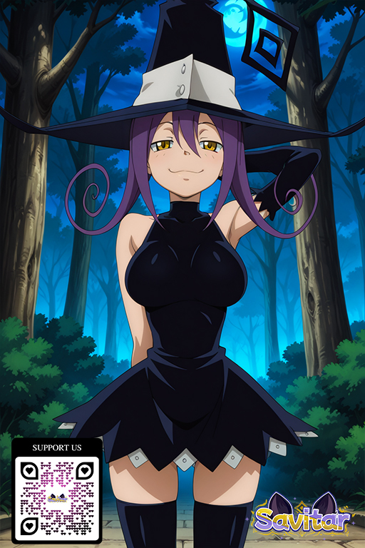 :3 ai_generated bangs bare_shoulders big_breasts black_dress black_headwear black_legwear black_thighhighs blair blair_(soul_eater) blush breasts closed_mouth clothing detached_sleeves dress elbow_gloves forest gloves hair_between_eyes halloween hat headwear legwear littlehentai long_hair looking_at_viewer moon nature night night_sky outside pov purple_hair savitar sky smile soul_eater spellcaster standing stockings thighs tree witch witch_hat yellow_eyes zettai_ryouiki