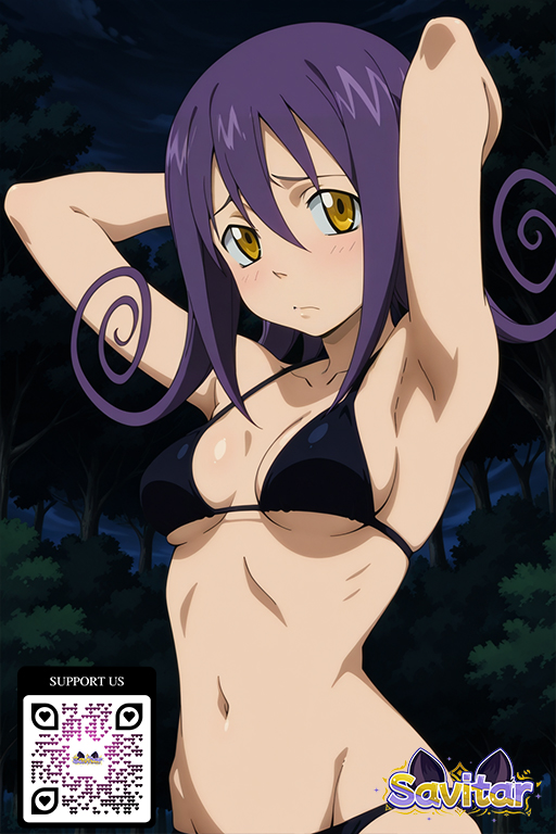 ai_generated armpits arms_behind_head arms_up big_breasts bikini black_bikini black_swimsuit blair blair_(soul_eater) blush breasts cleavage closed_mouth clothing copyright_name forest groin hair_between_eyes littlehentai long_hair looking_at_viewer medium_breasts nature navel night outside purple_hair savitar sky small_breasts soul_eater stomach swimsuit tree under_boob yellow_eyes