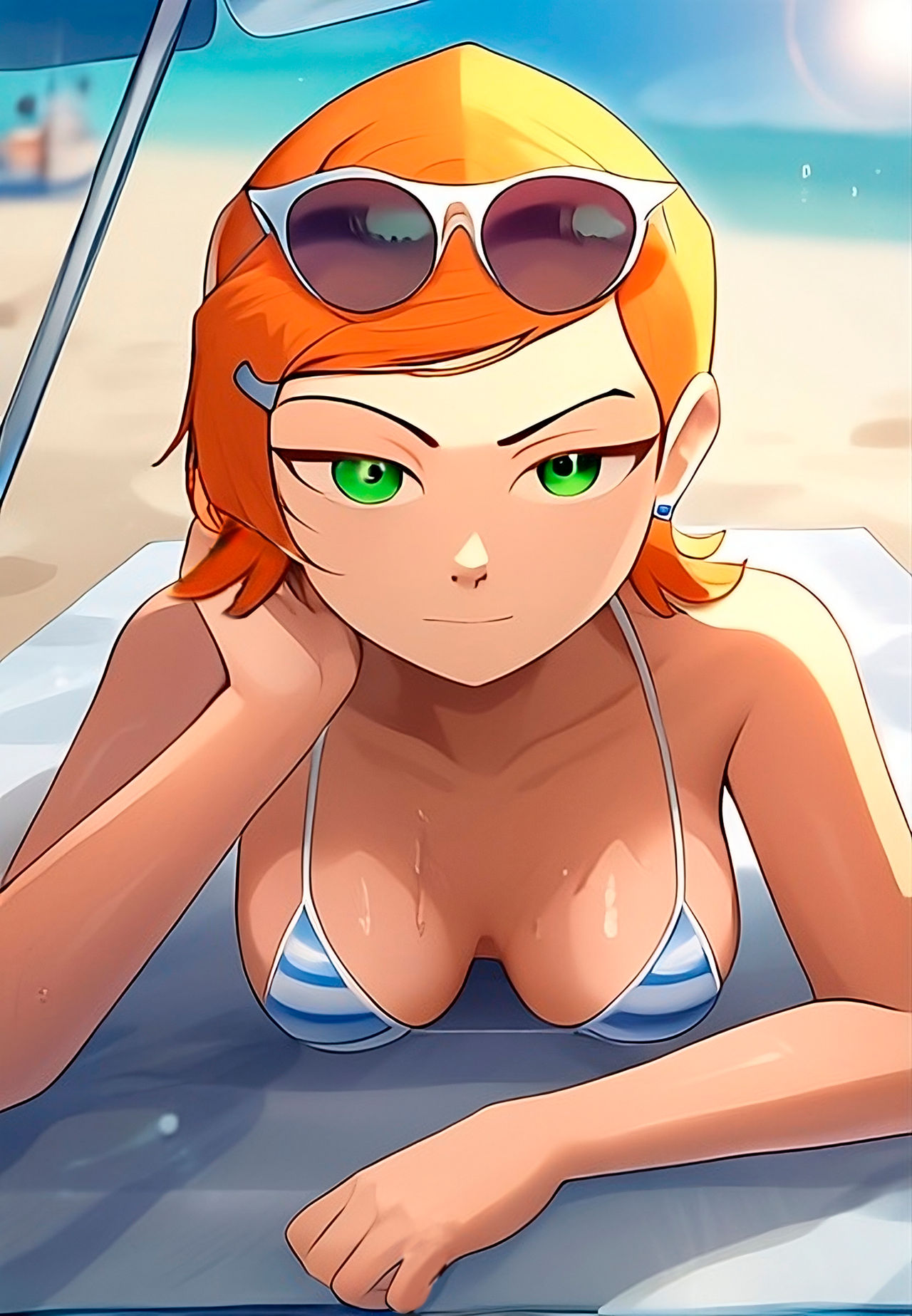 ai_generated beach beach_towel ben_10 big_breasts bikini blurry_background green_eyes gwen_tennyson hair_ornament looking_at_viewer orange_hair parasol pov short_hair