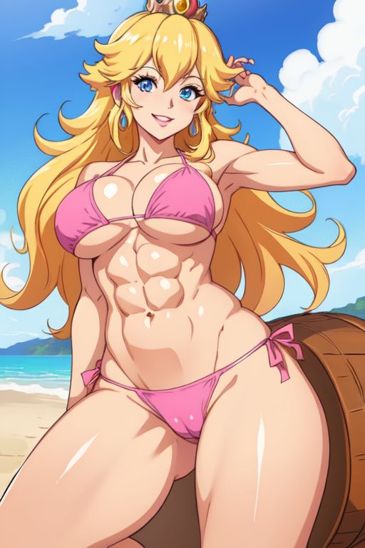 ai_generated athletic_female beach big_breasts bikini blonde_hair cleavage crown female_abs fit_female nintendo nuggeto pink_bikini princess_crown princess_peach sea seaside super_mario_bros.