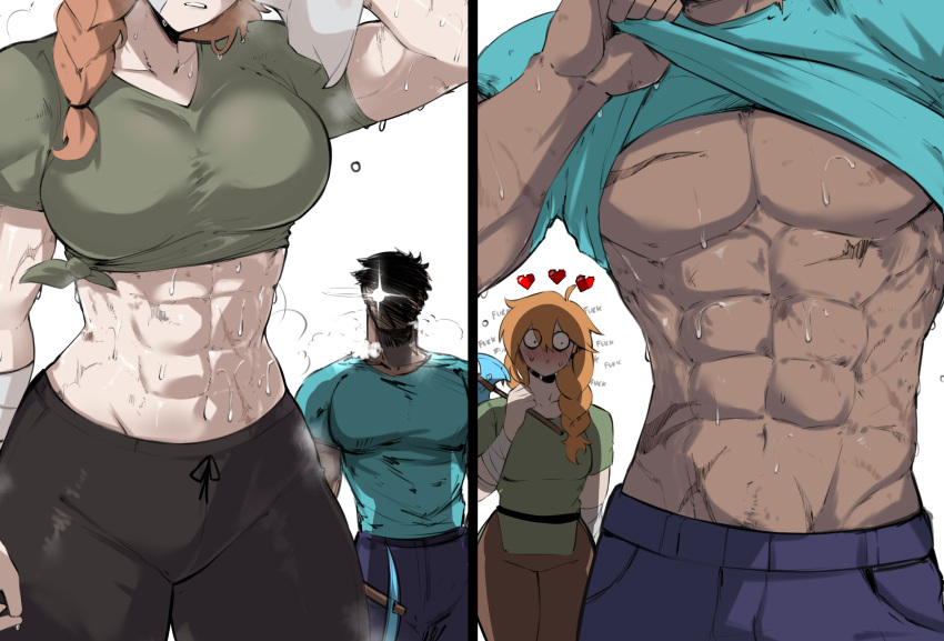 1boy 1girl abs alex_(minecraft) axe bandage big_breasts blush blushing_profusely braid braided_hair braided_ponytail breasts clothed covered_face face_hidden female_focus flustered ginger heart heart_symbol horny horny_male light-skinned_female light-skinned_male light_skin looking_at_another male_focus masoq095 minecraft muscle muscular muscular_female muscular_male navel nervous nervous_sweat orange_hair pants pickaxe ponytail red_hair scar scars shadow shaved_crotch shirt shirt_lift six_pack steam steaming_body steve_(minecraft) sweat sweating sweaty_body tied_hair tight_clothing tight_pants towel wide_eyed