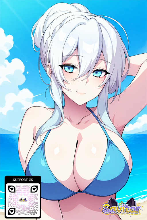 1girl 1girl 1girl ai_generated arm_behind_head armpits bangs bare_shoulders beach big_breasts bikini blue_bikini blue_eyes blue_sky blue_swimsuit blush breasts clavicle cleavage closed_mouth clothing cloud day hair_between_eyes hair_bun littlehentai long_hair looking_at_viewer navel ocean outside ponytail savitar savitar_(artist) sidelocks single_hair_bun sky smile swimsuit tied_hair upper_body water white_hair