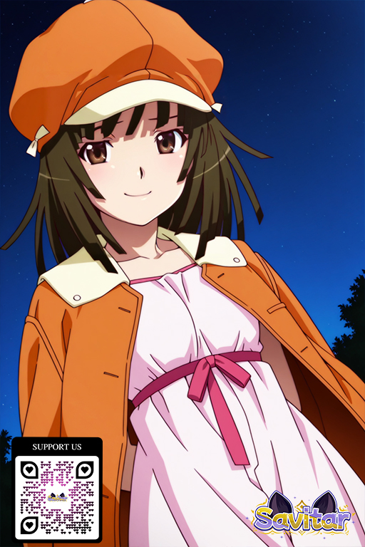 1girl 1girl 1girl arms_behind_back bangs blush breasts brown_eyes brown_hair cabbie_hat closed_mouth clothing dress hat headwear jacket jacket_on_shoulders long_hair long_sleeves looking_at_viewer night night_sky open_clothes orange_headwear orange_jacket outside sengoku_nadeko shirt short_hair sky smile star_(sky) starry_sky