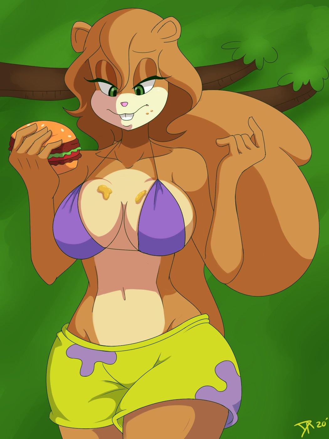 1girl 1girl 1girl bikini breasts breasts brown_body buckteeth burger cleavage dalley_le_alpha female_focus female_only green_eyes holding_food looking_at_breasts nickelodeon pants purple_bikini sandy_cheeks solo_female spongebob_squarepants squirrel standing tail teeth