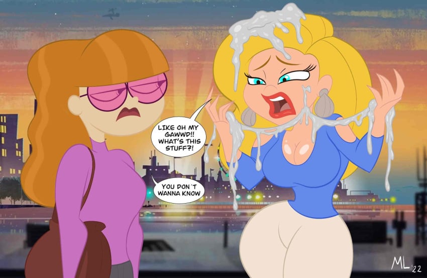 1girl 2_girls ameizing_lewds background_character big_breasts blonde_hair blue_eyes breasts cleavage covered_in_cum cum cum_on_hair dc_comics dc_comics dc_super_hero_girls female_only glasses light-skinned_female multiple_girls orange_hair speech_bubble stella_(dc) thick_thighs wide_hips