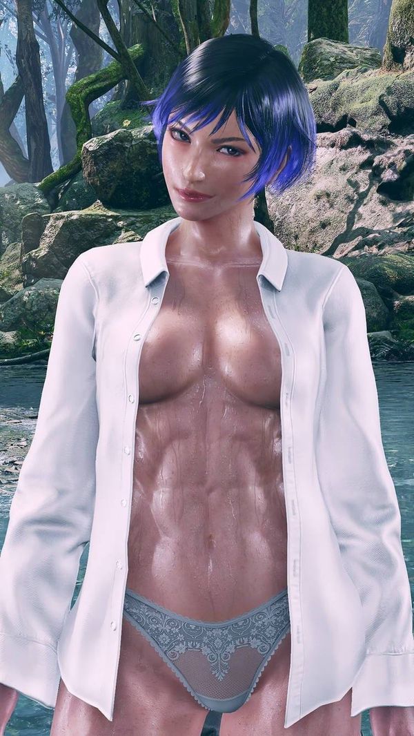 1girl 3d athletic_female black_and_blue_hair braless breasts envy15re2lm female_abs female_only fit_female medium_breasts mod namco nude reina reina_(tekken) reina_mishima sweat tekken tekken_8 underwear wet