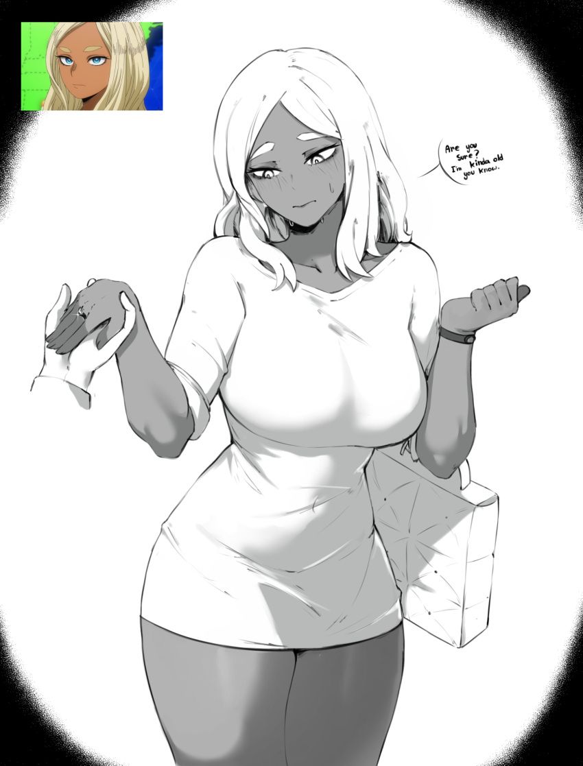 1girl absurd_res bag big_breasts boku_no_hero_academia breasts closed_mouth collarbone covered_navel dark-skinned_female dark_skin disembodied_hand embarrassed greyscale high_res jewelry long_hair looking_down masoq095 meryl_(boku_no_hero_academia) monochrome reference_inset ring shirt solo_focus thick_thighs thighs watch wristwatch