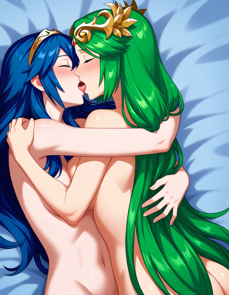 1girl ai_generated ass bed bedroom blue_hair blush breasts crossover female_only fire_emblem fire_emblem_awakening french_kiss green_hair kid_icarus kid_icarus_uprising kissing lesbian_couple lucina nintendo nude nude_female palutena yuri