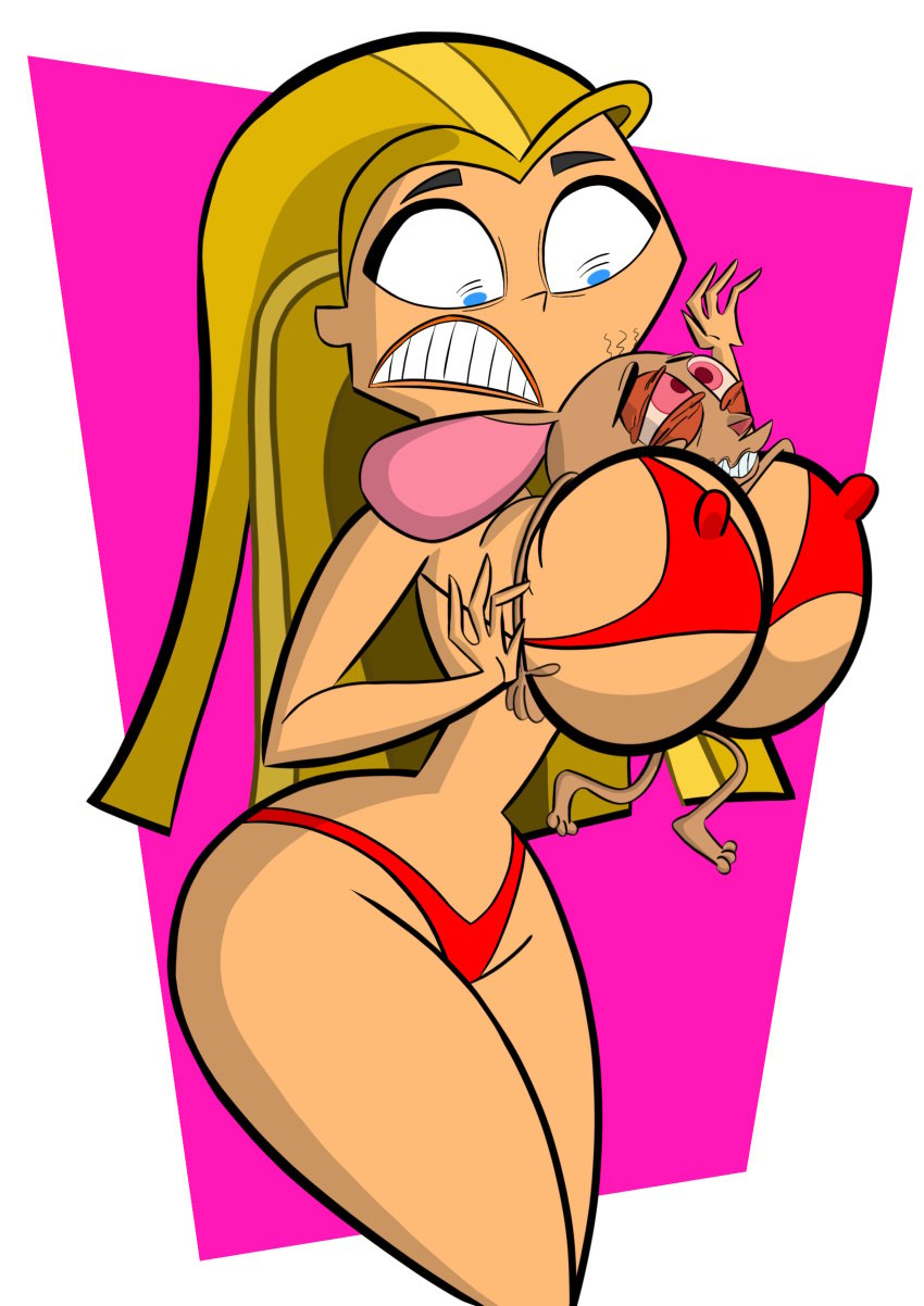 1girl bikini blonde_hair bra breast_grab breasts bulge bulging_nipples codykins123 crossover curvy curvy_figure lindsay_(tdi) lips looking_down male navel nipples nipples_bulge no_navel pervert red_bra ren_and_stimpy ren_hoek sexual_harassment slim2k6 thick_thighs thong total_drama_island wide_hips