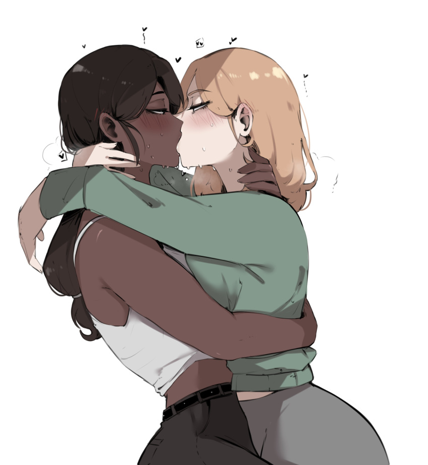 2_girls absurd_res bare_shoulders big_breasts black_hair blonde_hair blush breast_press breasts couple dark-skinned_female dark_skin french_kiss high_res interracial kiss_focus kissing long_hair looking_at_another masoq095 multiple_girls original saliva very_dark_skin yuri