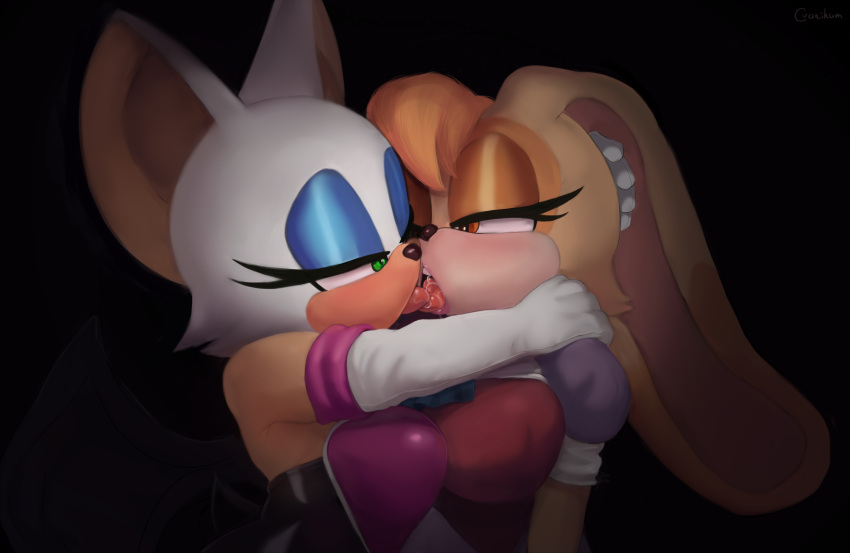 2025 2girls absurd_res anthro bat blush breasts clothed clothing cranihum duo eyeshadow female female/female french_kissing green_eyes high_res kissing lagomorph leporid makeup mammal mature_anthro mature_female open_mouth orange_eyes rabbit rouge_the_bat sega sonic_the_hedgehog_(series) tongue tongue_out vanilla_the_rabbit