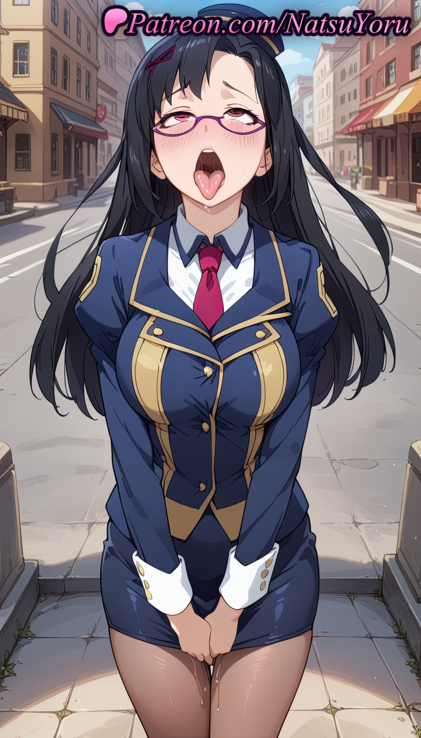 2025 ahegao ai_generated anime anime_style asian big_breasts black_hair blouse blue_headwear blue_jacket blue_skirt blush breasts brown_pantyhose building bust clothing collared_shirt cowboy_shot day drooling female_focus female_masturbation female_solo glasses hair_ornament hairclip half-closed_eyes hat hentai high_quality high_res high_resolution jacket juliet_sleeves kono_subarashii_sekai_ni_shukufuku_wo! long_hair long_sleeves looking_at_viewer masturbation miniskirt natsuyoru neck_tie nose_blush open_mouth oral_invitation orgasm_face outside pantyhose patreon pencil_skirt public_indecency puffy_sleeves purple-framed_eyewear pussy_juice red_eyes red_necktie road rolling_eyes saliva semi-rimless_eyewear sena_(konosuba) shirt skirt skirt_tug sky solo_focus stable_diffusion standing street teeth tie tongue tongue_out town uniform uvula v_arms voluptuous voluptuous_female white_shirt