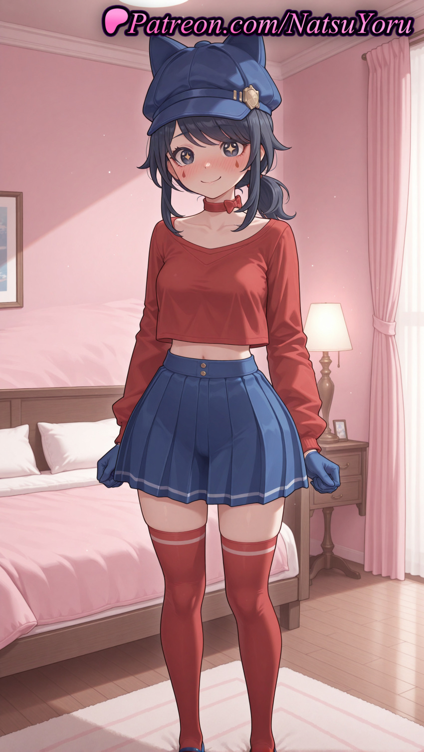 2025 ai_generated animal_ear_headwear animal_ears animal_hat anime anime_style arms_at_sides asian bangs bed bedroom big_breasts black_eyes black_hair blue_eyes blue_footwear blue_gloves blue_headwear blue_skirt blush bow bowtie breasts bust cabbie_hat cappie_(miside) choker closed_mouth collar collarbone cool_mita_(miside) crop_top crop_top_overhang cropped_shirt curtains facial_mark fake_animal_ears female_focus full_body gloves hat heart heart-shaped_pupils hentai high-waist_skirt high_quality high_res high_resolution indoors lamp legwear long_hair long_sleeves looking_at_viewer low_ponytail medium_breasts medium_hair midriff midriff_peek miniskirt miside mita_(miside) natsuyoru navel patreon pillow pleated_skirt ponytail red_bow red_bowtie red_choker red_collar red_gloves red_legwear red_shirt red_thighhighs shirt shoes short_ponytail sidelocks skindentation skirt smile stable_diffusion standing star-shaped_pupils star_(symbol) stockings symbol-shaped_pupils table twin_tails voluptuous voluptuous_female wooden_floor zettai_ryouiki