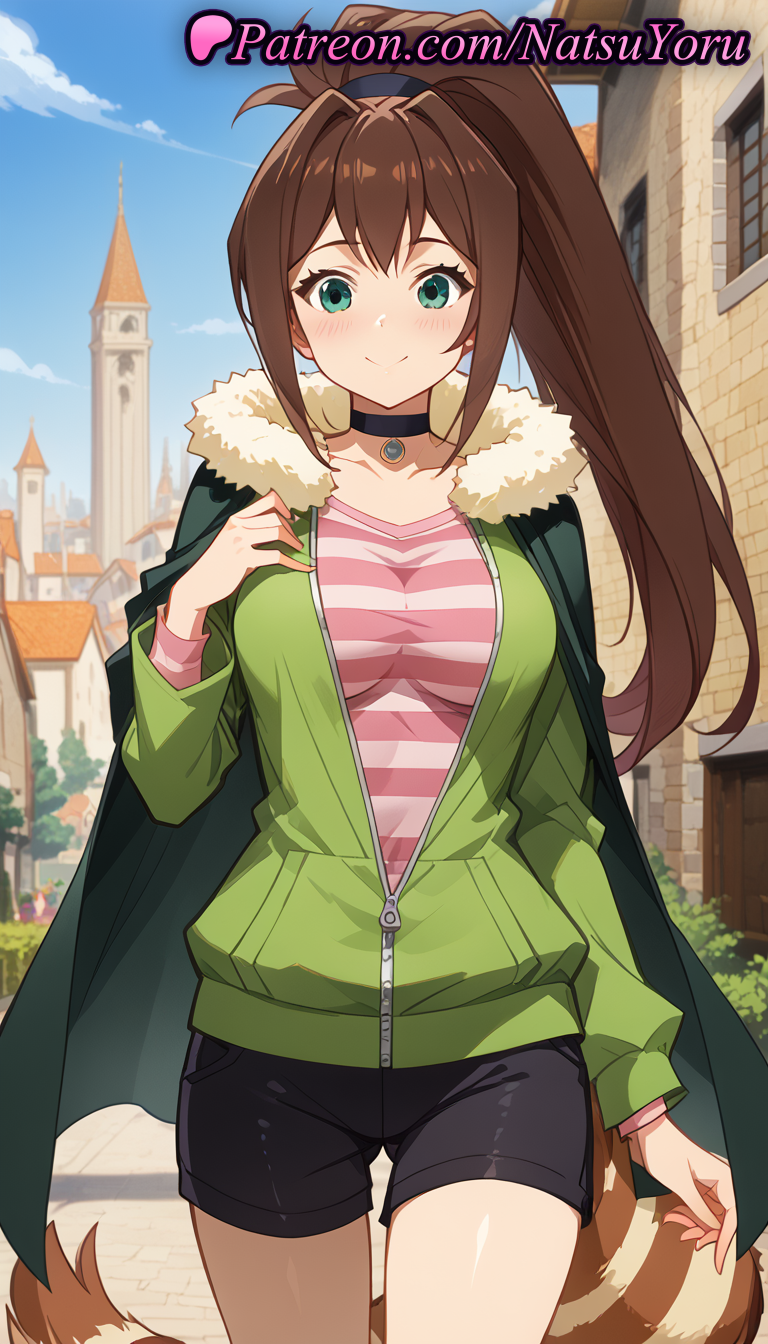 2025 ai_generated anime anime_style aqua_eyes bangs big_breasts black_choker black_shorts blue_sky blush breasts brown_hair building bust cape choker closed_mouth collarbone cowboy_shot day female_focus fur-trimmed_cape fur_trim green_cape green_eyes green_jacket hair_intakes hand_on_own_chest hand_up hentai high_ponytail high_quality high_res high_resolution jacket jewelry kono_subarashii_sekai_ni_shukufuku_wo! long_hair long_sleeves looking_at_viewer natsuyoru open_clothes open_jacket outside partially_unzipped patreon pink_shirt ponytail raccoon_tail rin_(konosuba) shirt short_shorts shorts sky smile stable_diffusion standing striped striped_clothes striped_shirt t-shirt tail thigh_gap voluptuous voluptuous_female zipper zipper_pull_tab