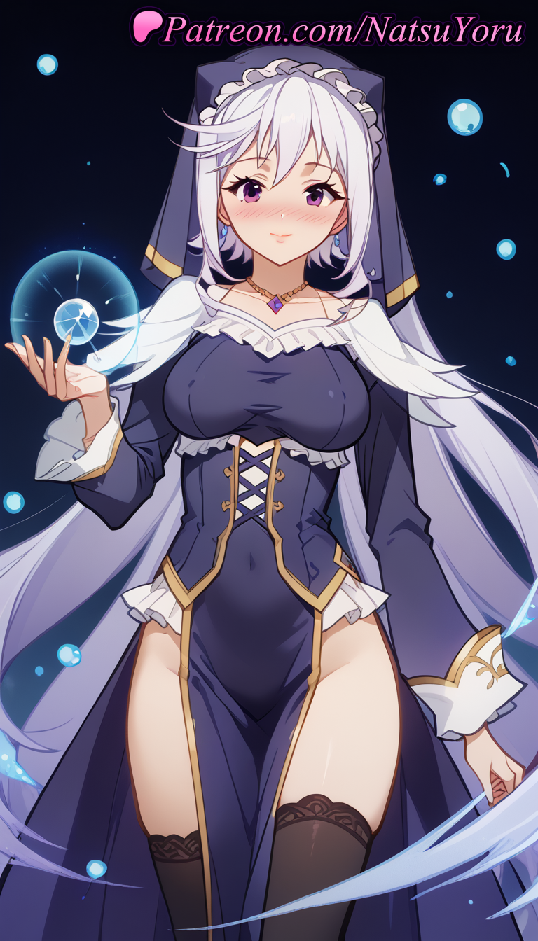 2025 ai_generated anime anime_style artist_name asian bangs big_breasts black_legwear black_thighhighs blue_dress blush breasts bust closed_mouth collarbone covered_navel covered_nipples cowboy_shot cross-laced_clothes crystal_ball dress earrings eris_(konosuba) female_focus frills goddess groin habit hand_up hentai high_quality high_res high_resolution jewelry kono_subarashii_sekai_ni_shukufuku_wo! long_hair long_sleeves looking_at_viewer medium_breasts natsuyoru necklace no_panties nose_blush nun orb patreon pelvic_curtain purple_dress purple_eyes purple_hair side_slit smile stable_diffusion standing stockings thighs underbust veil very_long_hair voluptuous voluptuous_female white_hair