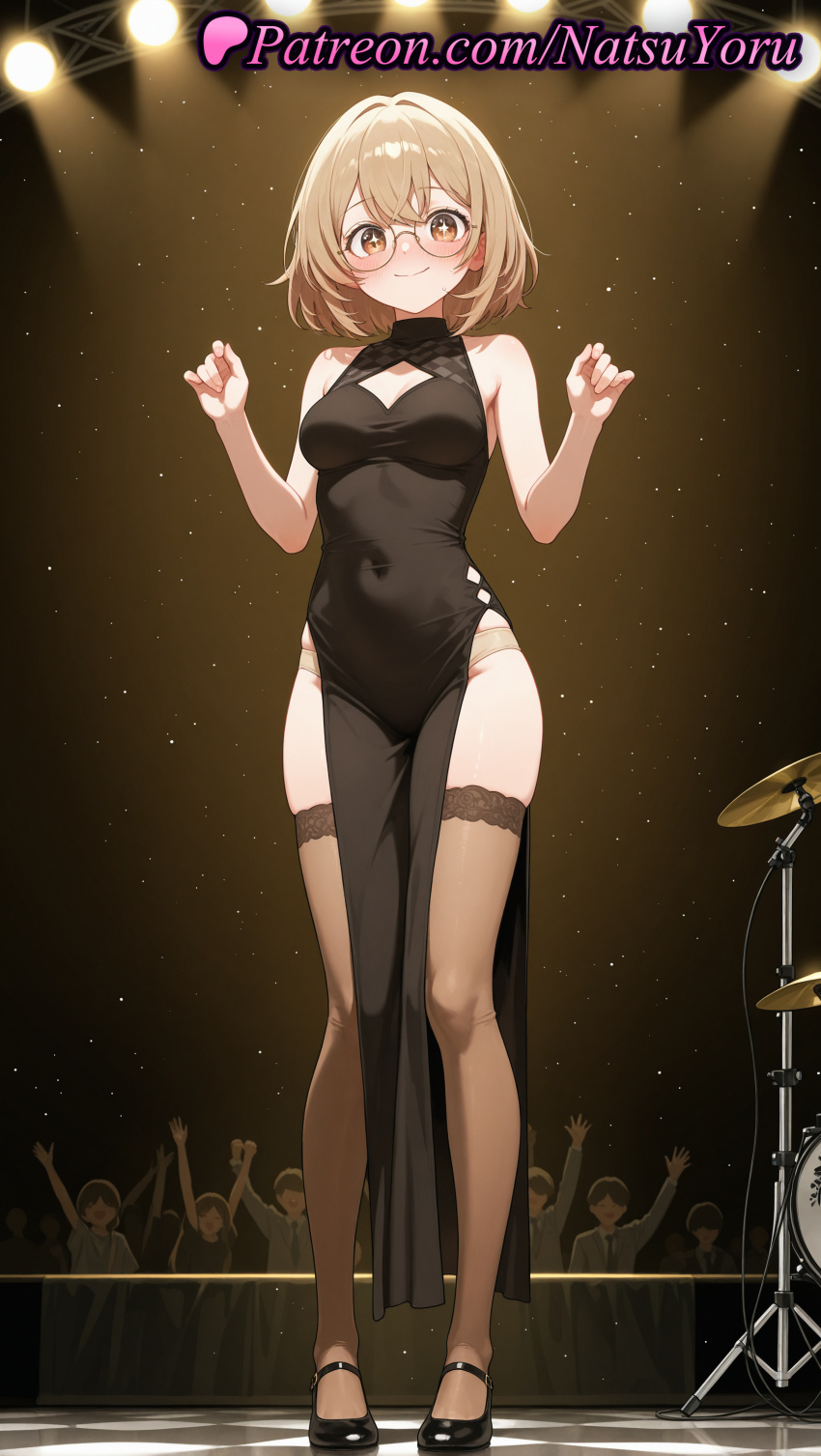 ai_generated anime anime_style arms_up bangs bare_arms bare_shoulders big_breasts black_dress black_footwear blonde_hair blush breasts brown_eyes brown_hair brown_panties brown_thighhighs bust china_dress chinese_clothes cleavage cleavage_cutout closed_mouth clothing_cutout covered_navel crowd dress drum drum_set female_focus full_body glasses hands_up hentai high_heels high_quality high_res high_resolution instrument kichijouji_yoriko looking_at_viewer medium_breasts megane nail_polish natsuyoru oshi_no_ko panties patreon pelvic_curtain round_eyewear shoes short_hair side_slit skindentation sleeveless sleeveless_dress smile solo_focus spotlight stage stage_lights standing stockings thighs underwear voluptuous voluptuous_female