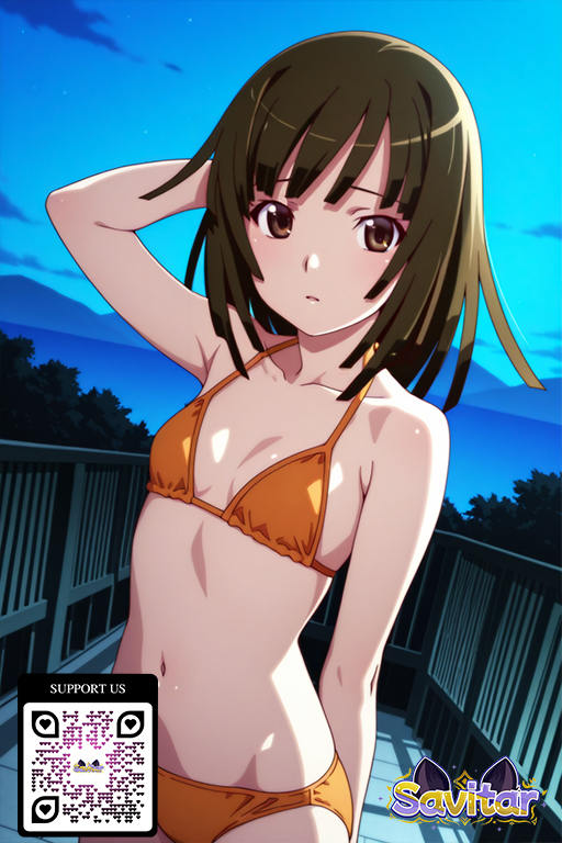 ai_generated arm_behind_head bangs bikini black_hair blush breasts brown_eyes brown_hair clavicle closed_mouth clothing cloud cowboy_shot littlehentai looking_at_viewer medium_breasts medium_hair monogatari_(series) navel night orange_bikini orange_swimsuit outside parted_lips savitar sengoku_nadeko short_hair sky small_breasts string_bikini swimsuit