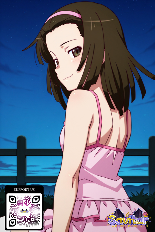 ai_generated bangs bare_shoulders black_hair blush breasts brown_eyes brown_hair closed_mouth clothing dress from_behind hairband headwear littlehentai long_hair looking_at_viewer looking_back medium_hair night night_sky outside pink_hairband savitar sengoku_nadeko short_hair sky sleeveless small_breasts smile star_(sky) starry_sky