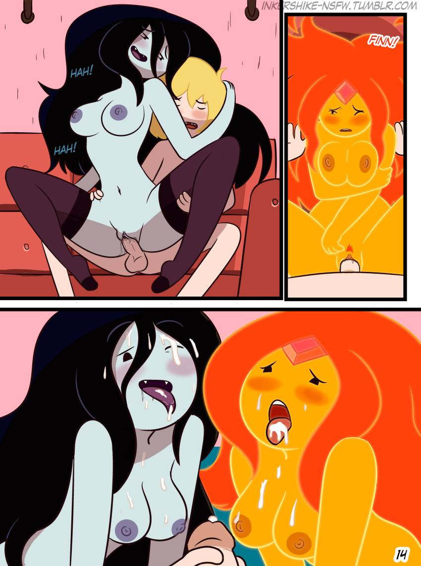 1boy 2_girls adventure_time age_difference ass ass_grab big_ass black_hair blush breasts cartoon_network closed_eye comic cowgirl_position cum cum_inside cum_on_face deep_penetration drpizzaboi1 english_text facesitting facial female_on_top finn_the_human flame_princess grey_skin inkershike large_ass long_hair marceline mature_female mature_woman nipples nude nude_female older_female orange_hair orange_skin page_11 page_number pale_skin penetration penis pleasure_face pussy pussylicking sex shorts straight_hair text threesome vaginal_penetration vaginal_sex vampire younger_female younger_male