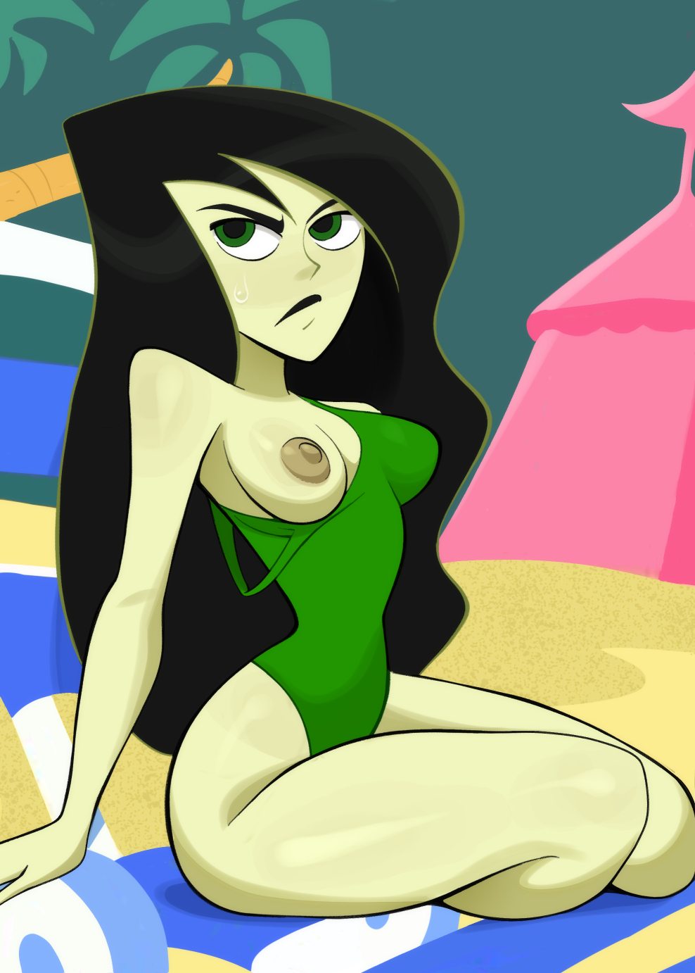 1girl 1girl 1girls 2024 beach big_areola disney disney_channel female_only green_eyes green_skin kim_possible long_hair newguy1091 nipples one_breast_out shego small_breasts swimsuit