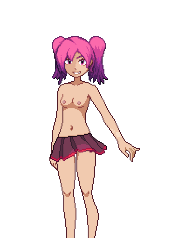 1girl 1girl breasts charlotte_(pokemon) charlotte_(pokemon_reborn) charlotte_belrose edit female_only gym_leader nipples nude nude_female pink_eyes pink_hair pixel_art pokemon pokemon_fangame pokemon_reborn skirt small_breasts twin_tails