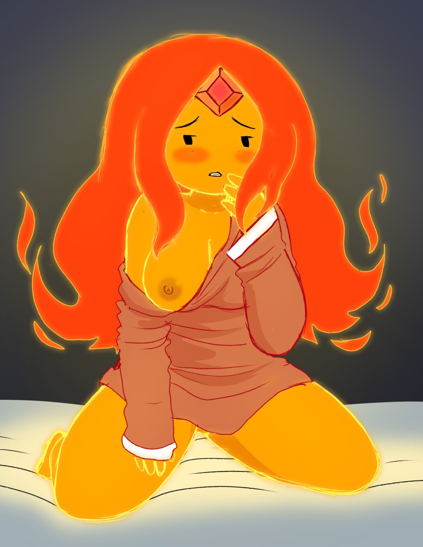 1girl adventure_time areola breasts cartoon_network cum_leaking female_only fire flame_princess hair inkershike long_hair mob_face nipples no_bra one_eye_closed orange_hair princess shirt thick_thighs thighs watermark