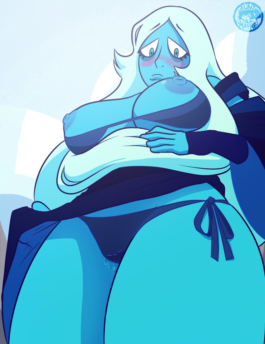 1girl areola big_breasts blue_body blue_diamond_(steven_universe) blue_skin blush blush_lines blushing_at_viewer blushing_female blushing_profusely breasts breasts_out breasts_out_of_clothes breasts_outside clothing coolerinker curvaceous curvy diamond_authority female_only gem_(species) gown hand_between_legs hand_covering_face hand_over_own_mouth high_res huge_breasts inker_comics inkershike large_areolae laying_down laying_on_bed leaking_pussy lingerie long_hair long_sleeves looking_at_viewer looking_away looking_down looking_down_at_viewer nipples on_back panties solo_female steven_universe thick_thighs thighs wide_hips