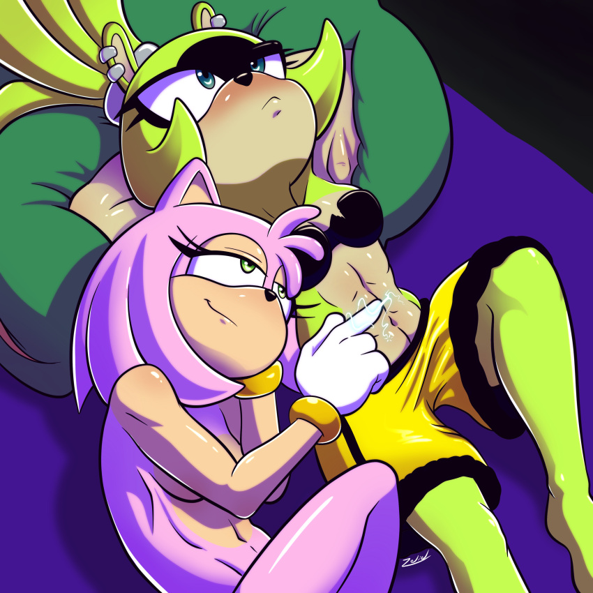 2d 2d_(artwork) 2d_artwork amy_rose black_bra blue_eyes blush bra electricity green_body green_eyes green_skin nipples nude pink_body pink_skin sega shorts sonic_the_hedgehog_(series) surge_the_tenrec zeliel zelieldraws