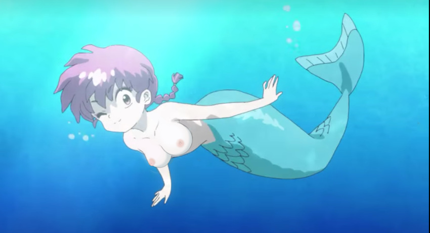 big_breasts braided_ponytail edit looking_at_viewer mermaid_tail nekom14 nipples no_bra one_eye_closed pink_eyes pink_hair ranko ranma-chan ranma_1/2 ranma_saotome screencap topless underwater wink winking_at_viewer