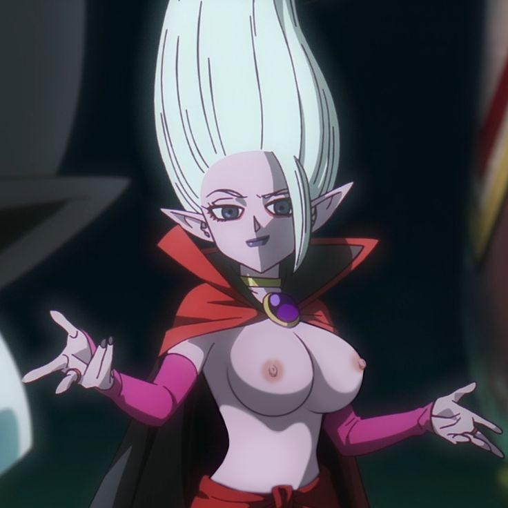 big_breasts cape demon_girl dr._arinsu dragon_ball_daima edit looking_at_viewer nekom14 nipples pink_gloves purple_lipstick purple_skin screencap topless white_hair