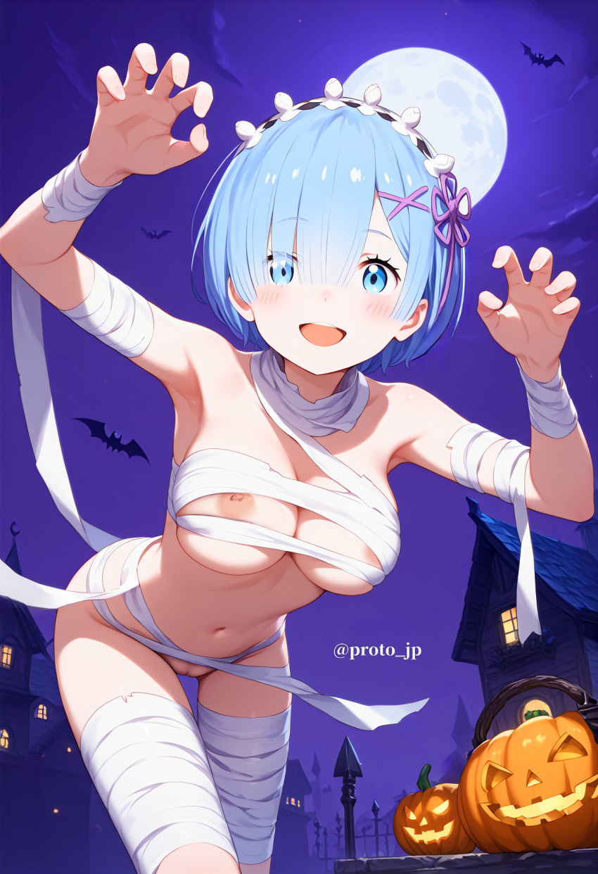 arms_up bandages big_breasts blue_eyes blue_hair halloween halloween_costume looking_at_viewer nekom14 nipple_slip no_panties pussy re:zero_kara_hajimeru_isekai_seikatsu rem_(re:zero) short_hair