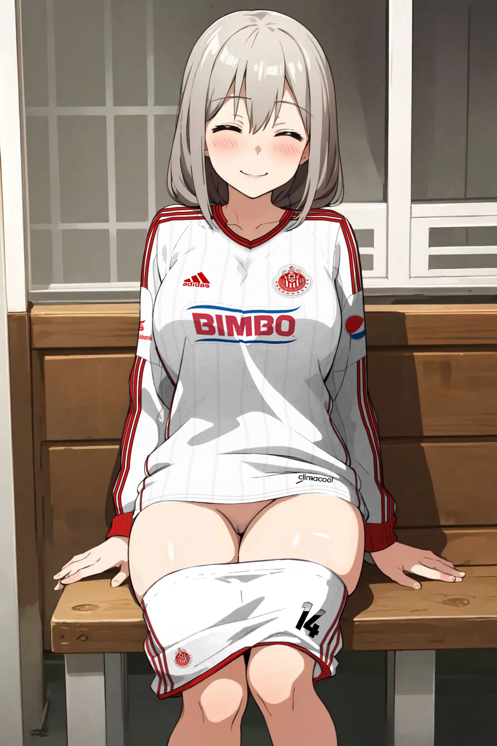 chivas closed_eyes grey_hair long_hair milf nekom14 no_panties pussy shorts_pull smiling_at_viewer soccer_jersey soccer_uniform uzaki-chan_wa_asobitai! uzaki_tsuki