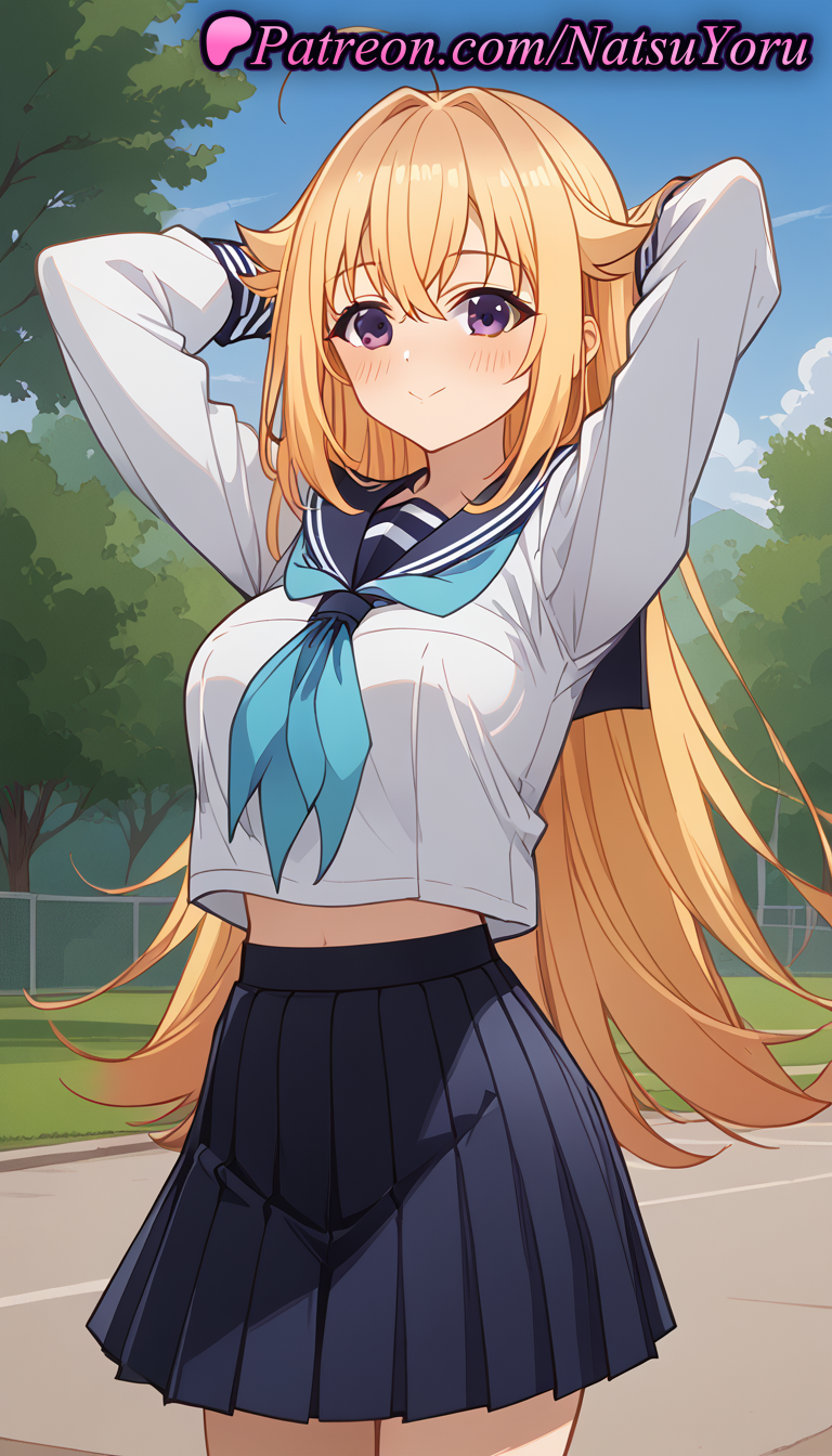 2025 ahoge ai_generated anime anime_style arms_behind_head arms_up bangs big_breasts black_skirt blonde_hair blue_neckerchief blue_sailor_collar blue_skirt blue_sky blush breasts bust closed_mouth cowboy_shot crop_top crop_top_overhang day female_focus hair_flaps hair_intakes hentai high_quality high_res high_resolution koshi_torako long_hair long_sleeves looking_at_viewer midriff midriff_peek miniskirt my_deer_friend_nokotan natsuyoru navel neckerchief outside patreon pleated_skirt purple_eyes sailor_collar sailor_uniform school_uniform serafuku shikanoko_nokonoko_koshitantan shirt shirt_overhang skirt sky smile stable_diffusion standing thighs tree very_long_hair voluptuous voluptuous_female white_shirt