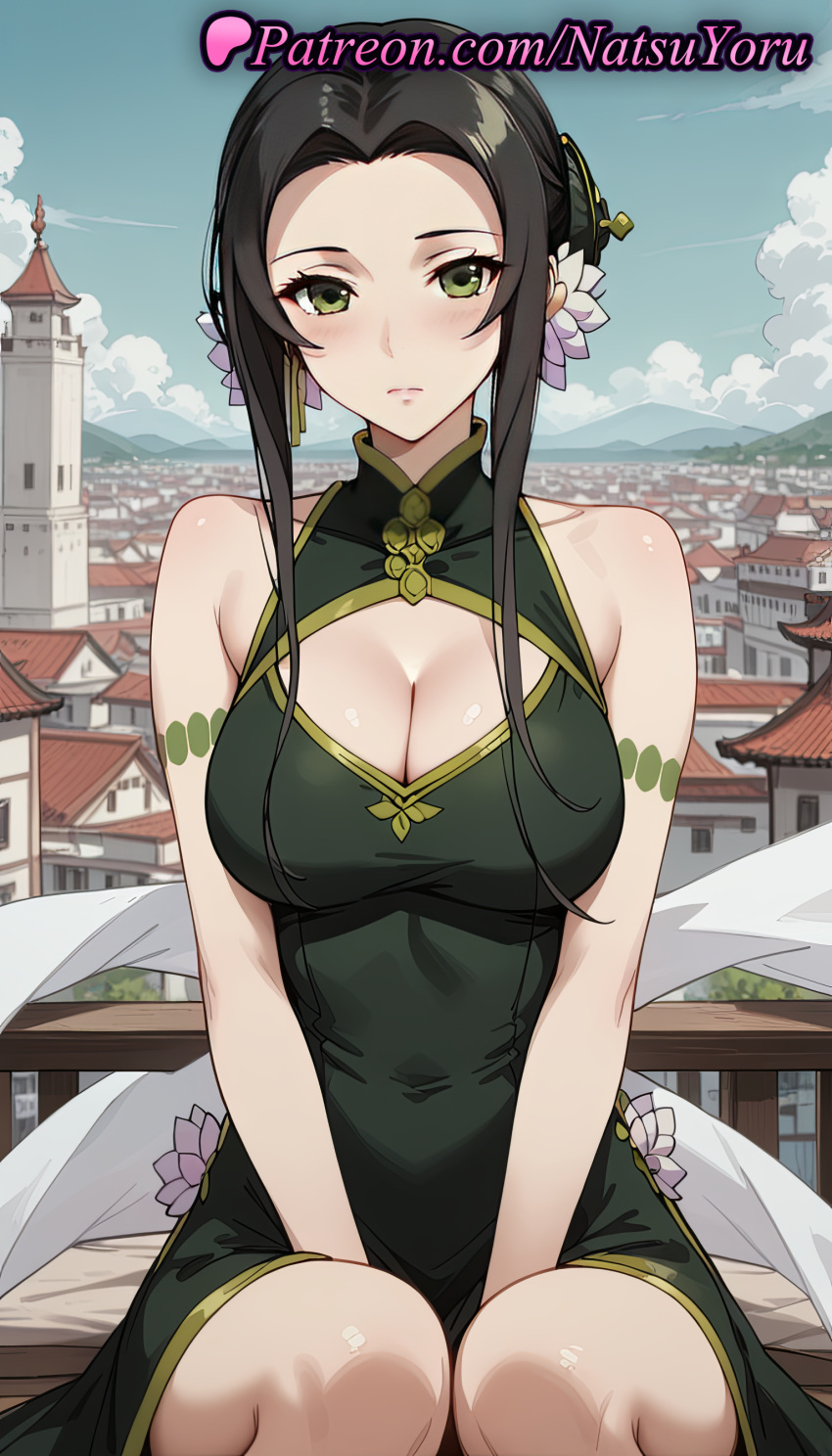 2025 ai_generated anime anime_style architecture armlet asian bare_shoulders between_legs big_breasts black_hair blue_sky blush breasts building bust china_dress chinese_clothes cleavage cleavage_cutout closed_mouth clothing_cutout cloud covered_navel day dress earrings female_focus flower green_dress green_eyes hair_bun hair_flower hair_ornament hand_between_legs hentai high_quality high_res high_resolution jewelry lips long_hair looking_at_viewer natsuyoru ost_horai outside patreon shawl sidelocks single_hair_bun sitting sky sleeveless sleeveless_dress stable_diffusion tate_no_yuusha_no_nariagari taut_dress the_rising_of_the_shield_hero voluptuous voluptuous_female