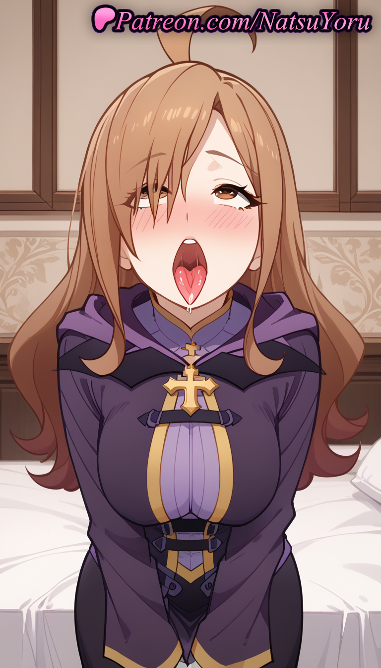 2025 ahegao ahoge ai_generated anime anime_style bangs bed big_breasts blush breasts brown_eyes brown_hair bust cowboy_shot cross drooling female_focus hair_over_one_eye hentai high_quality high_res high_resolution indoors kono_subarashii_sekai_ni_shukufuku_wo! latin_cross long_hair long_sleeves looking_at_viewer looking_up natsuyoru on_bed open_mouth oral_invitation patreon pillow purple_robe robe rolling_eyes saliva saliva_drip sitting stable_diffusion teeth tongue tongue_out uvula voluptuous voluptuous_female wiz_(konosuba)