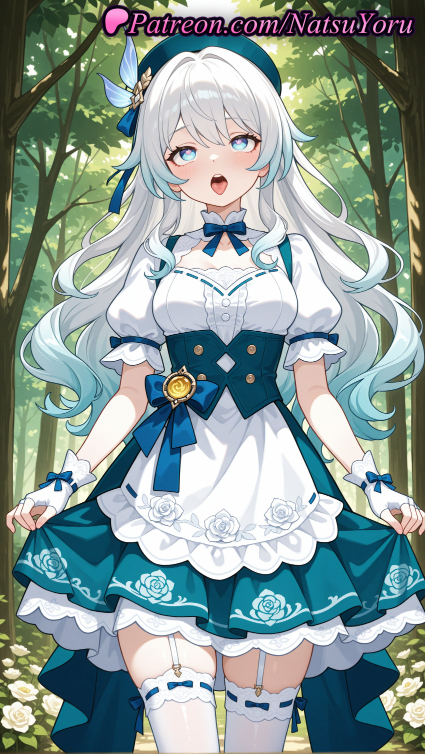 2025 ahegao ai_generated anime anime_style apron bangs beret big_breasts blouse blue_bow blue_bowtie blue_eyes blue_hair blue_headwear blush bow bowtie breasts bust cleavage clothing clothing_cutout collar colored_tips cowboy_shot dress female_focus fingerless_gloves flower flowers forest frilled_dress frills garter_straps gloves gradient_hair green_headwear hat heart heart-shaped_pupils hentai high_quality high_res high_resolution jewelry long_hair looking_at_viewer maid maid_uniform medium_breasts mind_control multi-colored_hair multicolored_hair natsuyoru nature oc open_mouth original original_character outside patreon puffy_short_sleeves puffy_sleeves ribbon ribbon-trimmed_legwear ribbon_trim rose short_sleeves sidelocks skirt skirt_hold skirt_lift stable_diffusion standing stockings symbol-shaped_pupils teeth tongue tongue_out tree underbust upper_teeth_only vision_(genshin_impact) voluptuous voluptuous_female waist_apron wavy_hair white_apron white_flower white_gloves white_hair white_legwear white_rose white_shirt white_thighhighs wrist_cuffs zettai_ryouiki