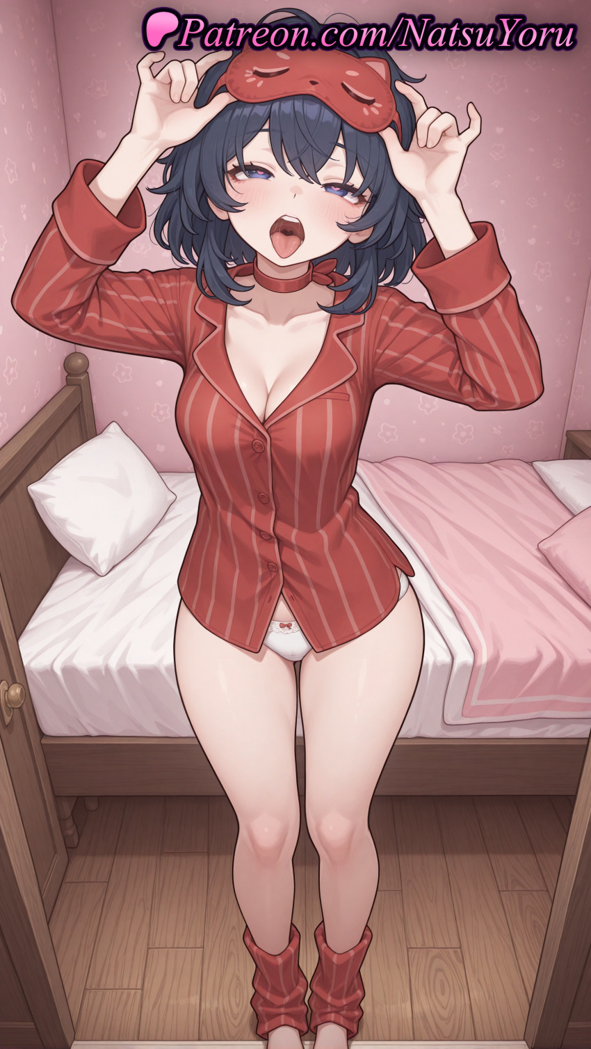 2025 ai_generated anime anime_style arms_up asian bangs barefoot bed bedroom big_breasts black_hair blue_eyes blush bow bow_panties breasts bust choker cleavage collarbone collared_shirt feet female_focus female_solo foot_fetish full_body hair_between_eyes half-closed_eyes hands_up heart-shaped_pupils hentai high_quality high_res high_resolution indoors leg_warmers legs long_sleeves looking_at_viewer mask mask_on_head medium_breasts medium_hair miside mita_(miside) natsuyoru no_pants open_mouth pajamas pale_skin panties patreon pillow purple_eyes red_choker red_shirt red_socks shirt short_hair sleep_mask sleepy_mita_(miside) slippers socks stable_diffusion standing striped striped_clothes symbol-shaped_pupils teeth thighs toes tongue tongue_out underwear upper_teeth_only voluptuous voluptuous_female white_panties wooden_floor