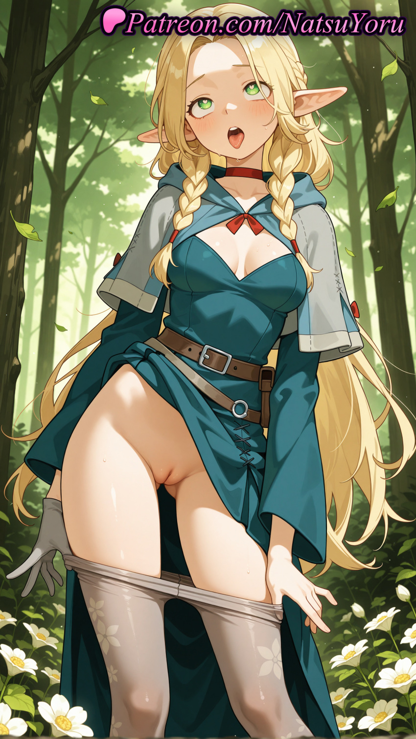 2025 ai_generated anime anime_style ass_visible_through_thighs belt belt_pouch big_breasts blonde_hair blush braid breasts brown_belt bust capelet choker cleavage cleft_of_venus clothes_lift clothes_pull day delicious_in_dungeon dress dress_lift dungeon_meshi elf elf_ears female_focus female_solo flower forest gloves green_eyes heart heart-shaped_pupils hentai high_quality high_res high_resolution hood hood_down hooded_capelet leaf long_hair long_sleeves looking_at_viewer loose_belt marcille_donato medium_breasts natsuyoru nature no_panties open_mouth outside pantyhose pantyhose_pull parted_bangs patreon pointed_ears pointy_ears pouch pulled_by_self pussy red_choker small_breasts stable_diffusion standing sweat symbol-shaped_pupils teeth tongue tongue_out tree twin_braids uncensored very_long_hair voluptuous voluptuous_female white_flower