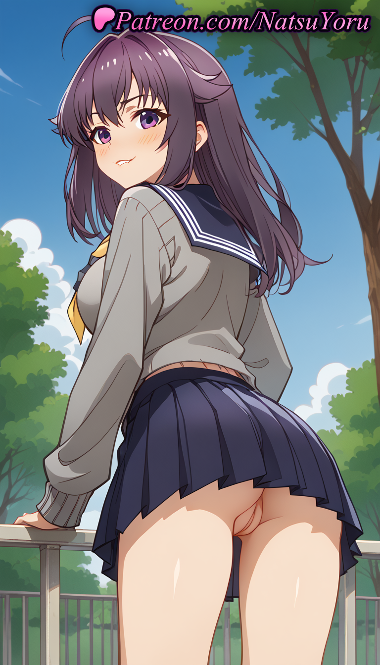 2025 ahoge ai_generated anime anime_style artist_name ass bangs big_breasts black_sailor_collar blue_skirt blue_sky blush breasts bust cleft_of_venus cloud day female_focus female_solo from_behind grey_sweater hair_flaps hentai high_quality high_res high_resolution innie_pussy juicy_butt koshi_anko labia labia_majora legs long_hair long_sleeves looking_at_viewer looking_back medium_breasts miniskirt my_deer_friend_nokotan natsuyoru neckerchief no_panties outside panties parted_lips patreon pleated_skirt purple_eyes purple_hair pussy railing rear_view sailor_collar sailor_uniform school_uniform serafuku shikanoko_nokonoko_koshitantan skirt sky smile stable_diffusion standing sweater thighs tree uncensored underwear upskirt voluptuous voluptuous_female yellow_neckerchief