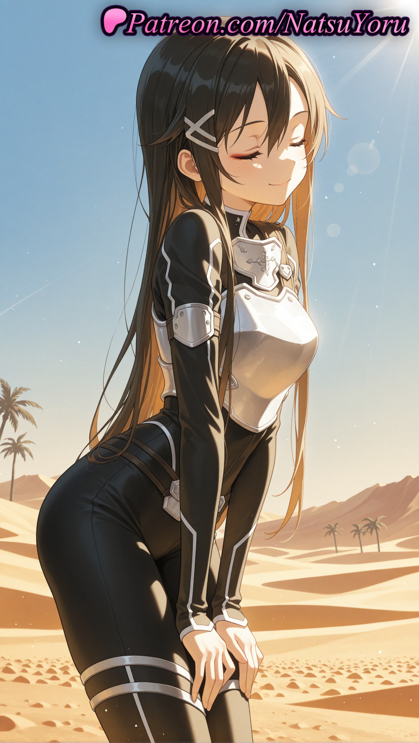 2025 ai_assisted ai_generated anime anime_style armor asian bangs beach big_breasts black_bodysuit black_hair black_pants blue_sky blush bodysuit breastplate breasts brown_hair bust closed_eyes closed_mouth cowboy_shot day desert female_focus female_solo gun_gale_online hair_between_eyes hair_ornament hairclip hentai high_quality high_res high_resolution kirigaya_kazuto kirito kirito_(sao-ggo) leaning_forward lens_flare long_hair long_sleeves medium_breasts multicolored_hair natsuyoru outside palm_tree patreon sand sidelocks sky smile stable_diffusion standing sunlight sword_art_online tree very_long_hair voluptuous voluptuous_female x_hair_ornament