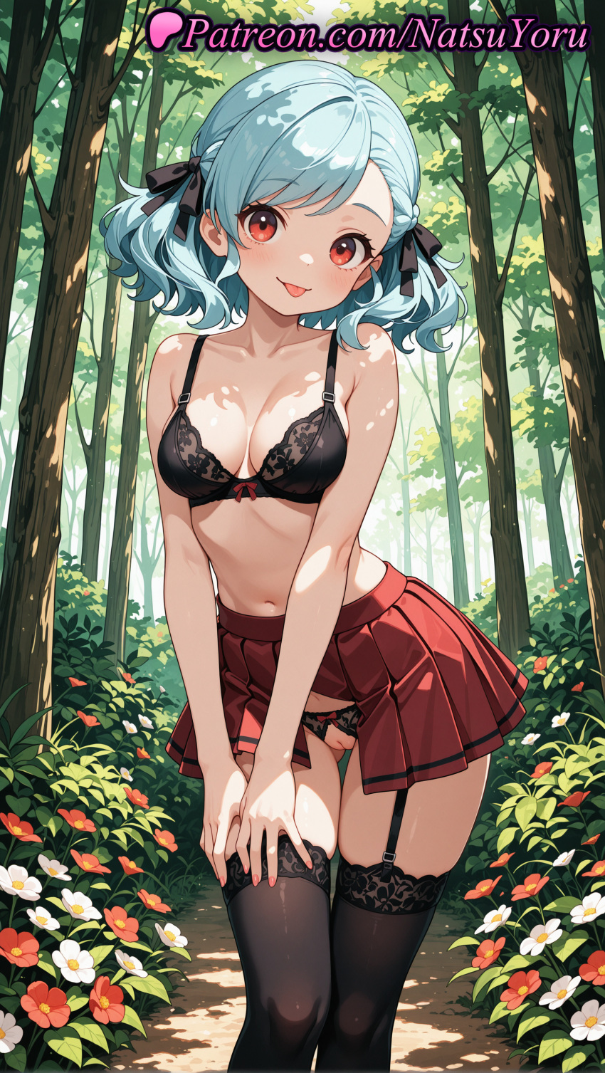 2025 ai_assisted ai_generated anime anime_style aqua_hair ass_visible_through_thighs asymmetrical_bangs bangs bare_arms bare_shoulders big_breasts black_bra black_garter_belt black_legwear black_panties black_ribbon black_thighhighs blue_hair blush bow bow_bra bow_panties bra braid breasts bush bust cleavage cleft_of_venus closed_mouth collarbone crotch_cutout crotchless crotchless_panties day feet_out_of_frame female_focus female_solo flower forest garter_belt garter_straps girls_frontline hair_bow hair_ribbon hentai high_quality high_res high_resolution lace lace-trimmed_bra lace-trimmed_legwear lace_trim leaning_forward lingerie looking_at_viewer medium_breasts medium_hair miniskirt nail_polish natsuyoru nature navel no_panties no_shirt outside panties patreon plant pleated_skirt pussy red_eyes red_flower red_skirt ribbon short_hair skindentation skirt smile spas-12_(girls_frontline) stable_diffusion standing stockings stomach sunlight swept_bangs thigh_gap thighs tongue tongue_out tree twin_tails uncensored underwear voluptuous voluptuous_female white_flower